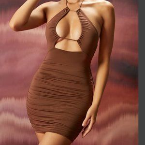 OH Polly On Hold Ruched Keyhole Halter Mini Dress in Brown